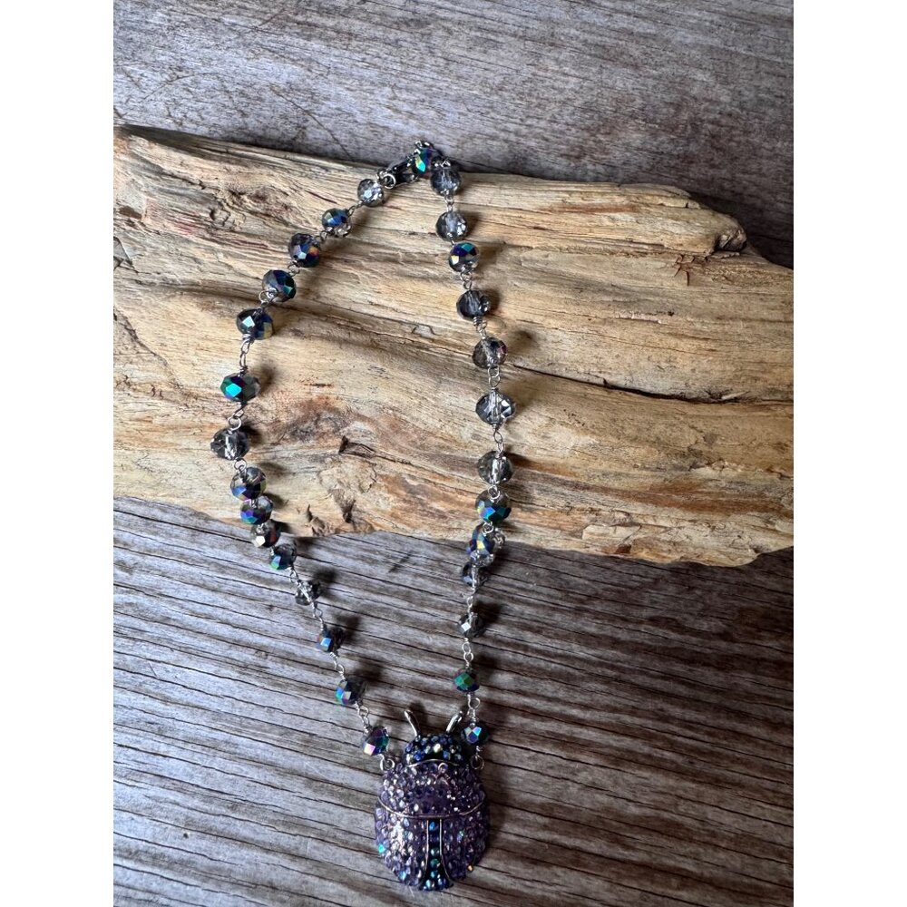 Kirks Folly purple ladybug locket necklace AB crystal beaded chain with Box - Picture 3 of 10